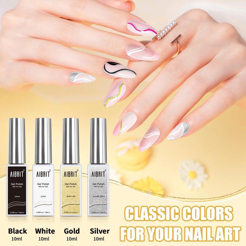 AIBRIT Gel Liner Art Polish Set 10ml, 4 Colors Black White Gold Silver Design Paint with Thin Brush in Bottle for Swirl/ Euphoria French Tips Manicure Painting DIY at Home - Image 2